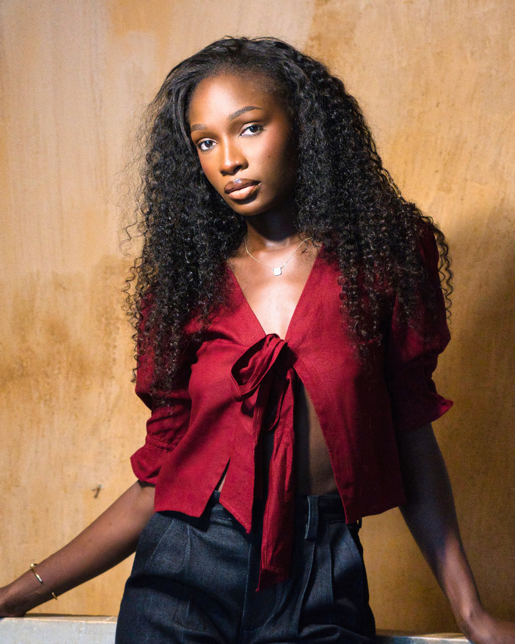 Chemisier à Noeud, Manche Bouffante Bordeaux