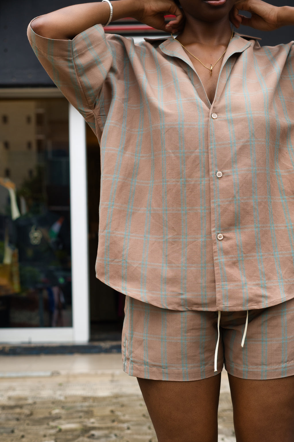 CHEMISE COL BOWLING MARRON RAYE VERT - DOZO