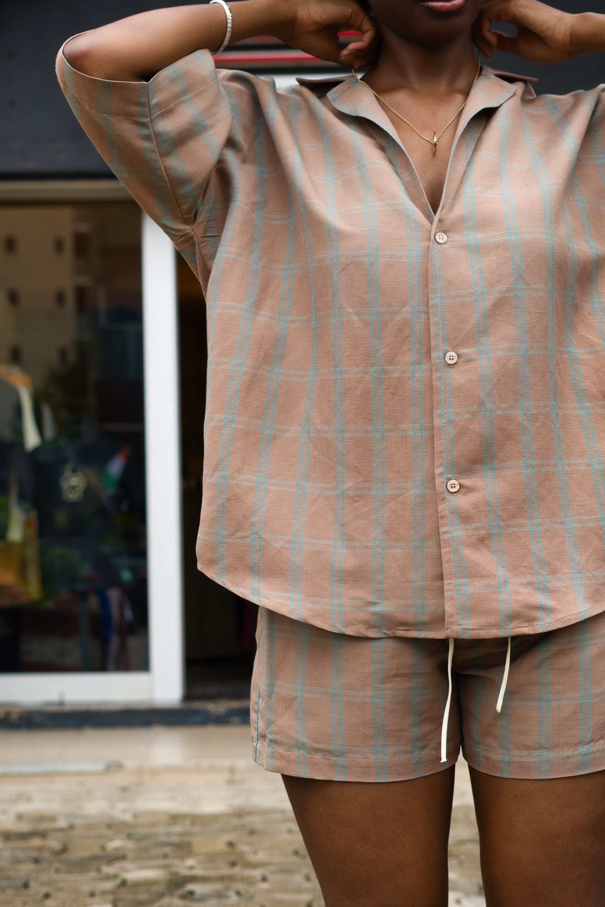 CHEMISE COL BOWLING MARRON RAYE VERT - DOZO