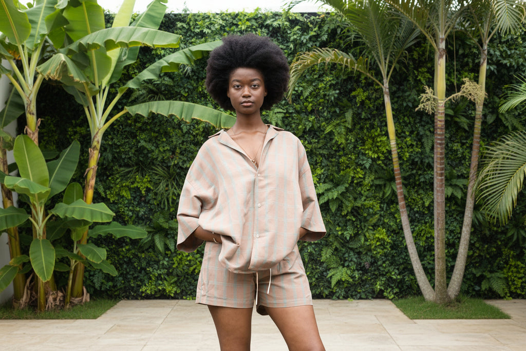 CHEMISE COL BOWLING MARRON RAYE VERT - DOZO