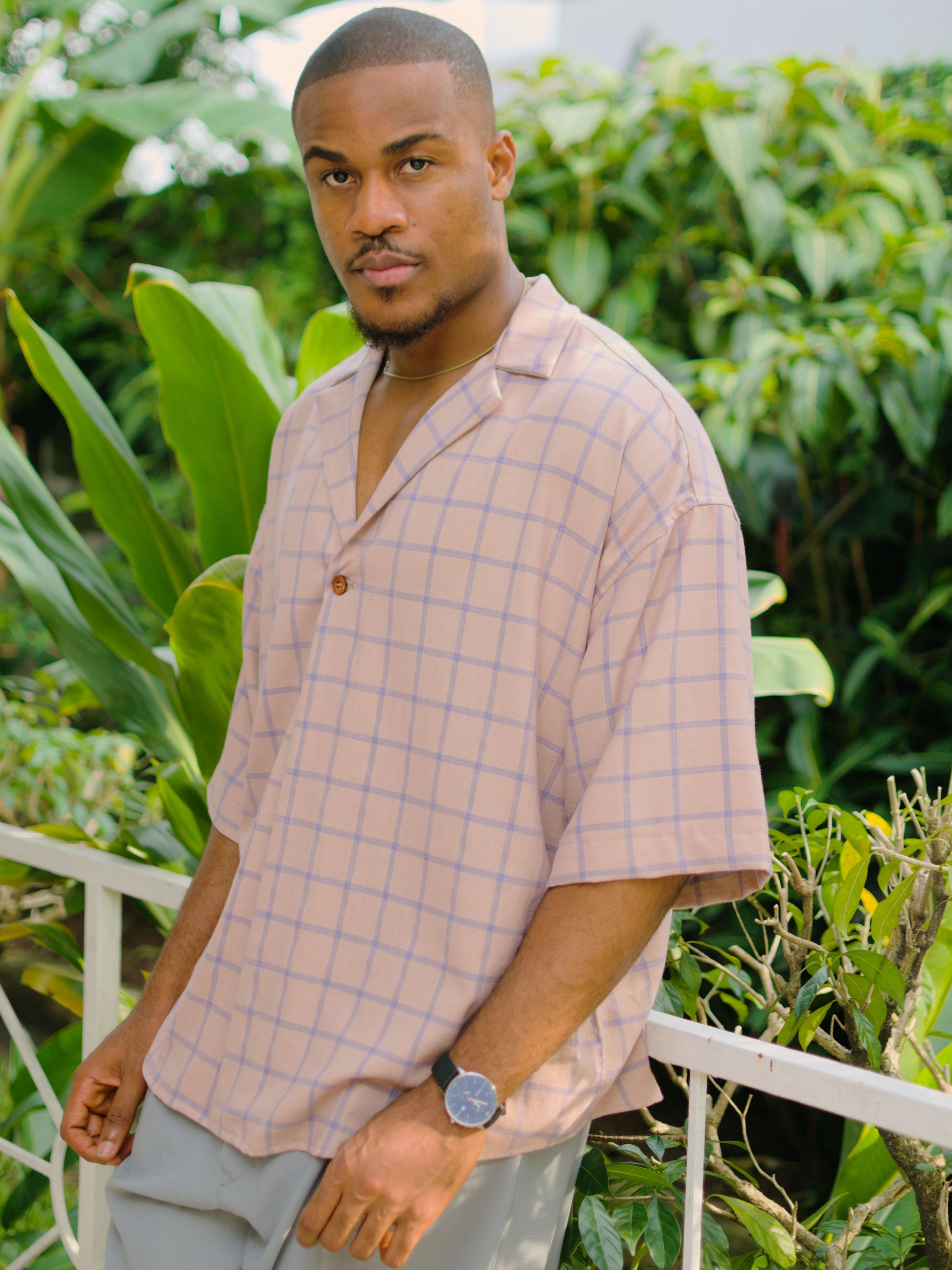 Chemise col bowling oversize Saumon raye Bleu