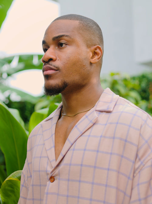 Chemise col bowling oversize Saumon raye Bleu