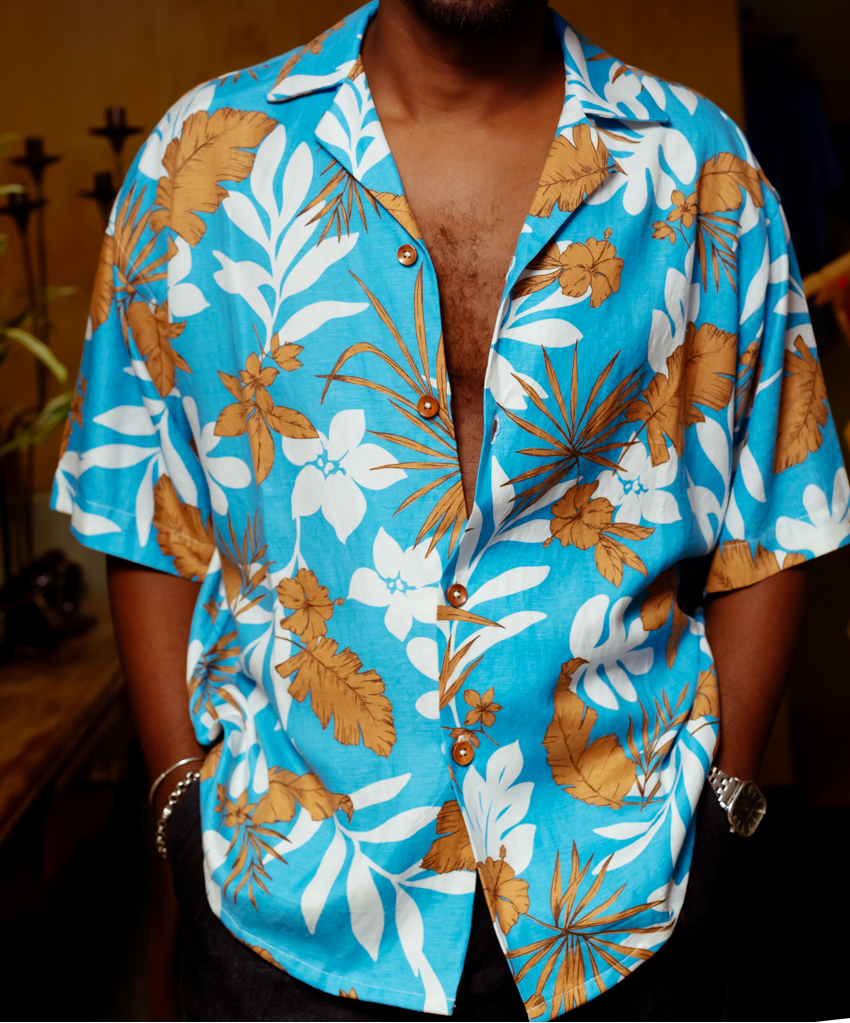Chemise Col Bowling Fleuri Bleu - DOZO
